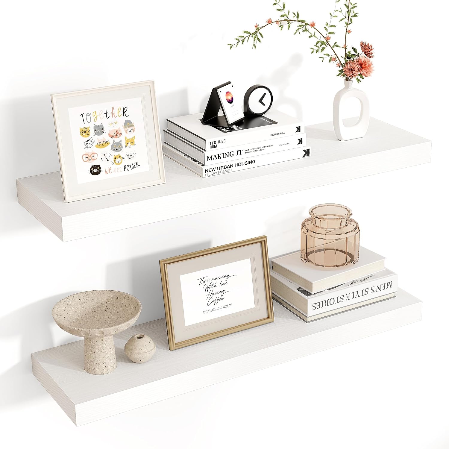 Floating Wall Shelves, 24 x 6.5 in - 2 Pack, White Engineered Wood