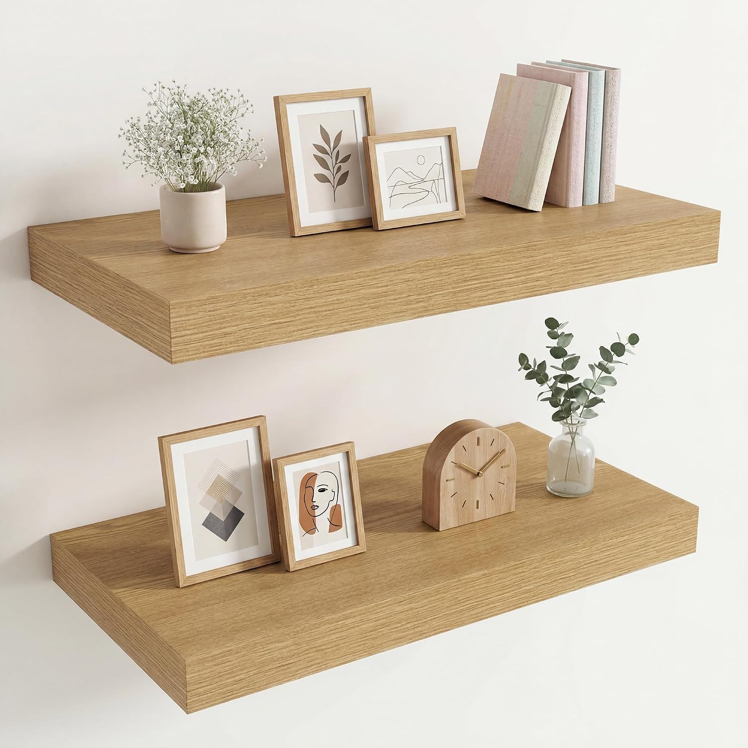 Deep Floating Shelves, 24 x 12 in, 2 in Thick - Set of 2, Oak Finish