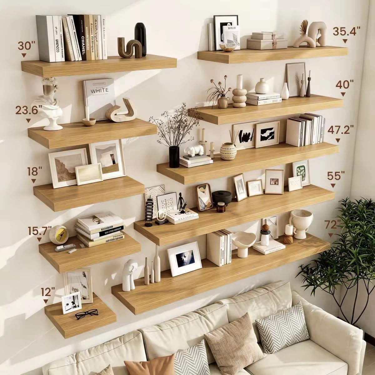 Deep Floating Shelves, 24 x 12 in, 2 in Thick - Set of 2, Oak Finish