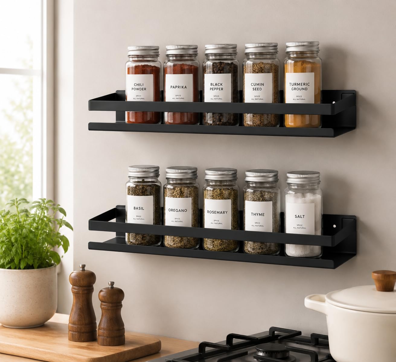 Wall-Mounted Shelves with Front Rail, Black - 2 Pack, Rust-Treated