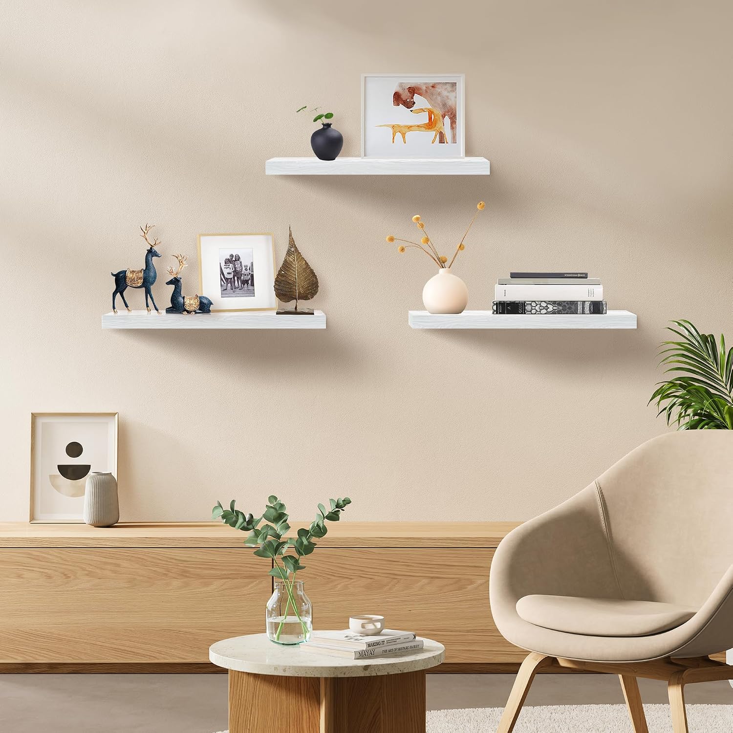 White Floating Shelves, 24 in - Set of 3