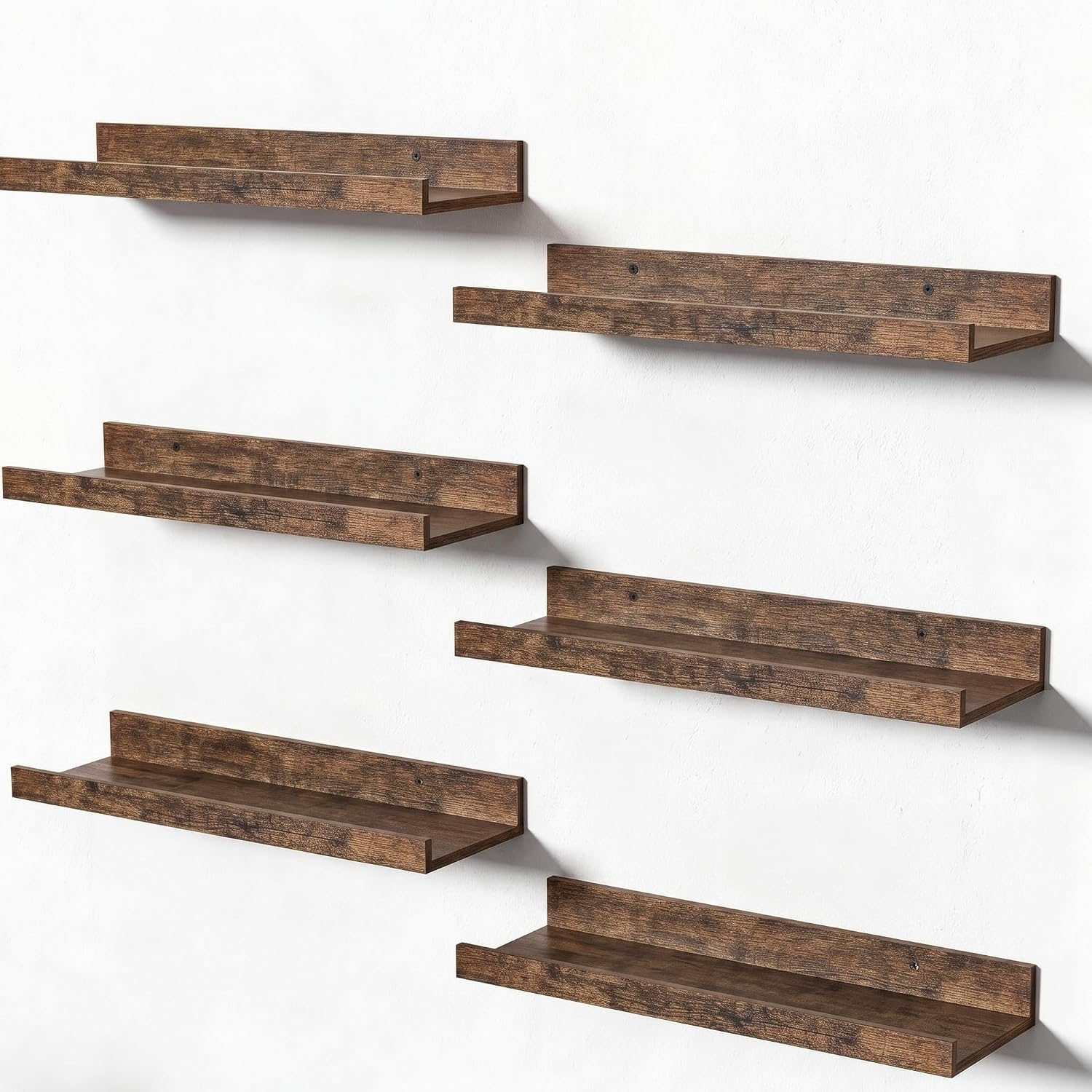 Wall-Mounted Wood Shelves, 15.7 in - 6 Pieces, Brown