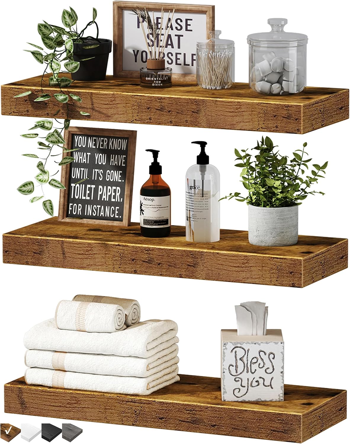 Farmhouse Wall Shelves, 16 in - Set of 3, Rustic Brown