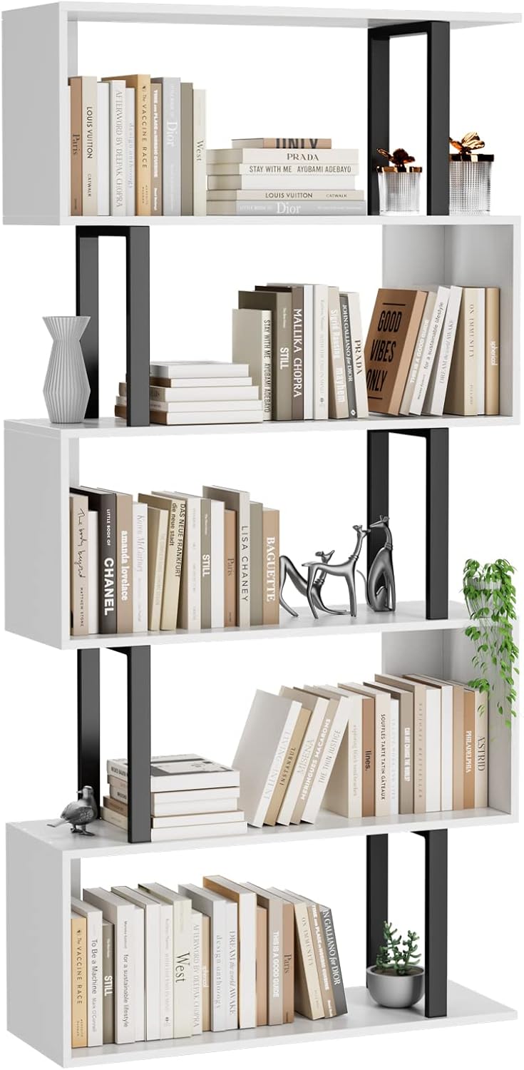 S-Shaped Geometric Bookcase, 5 Tier - Freestanding, White