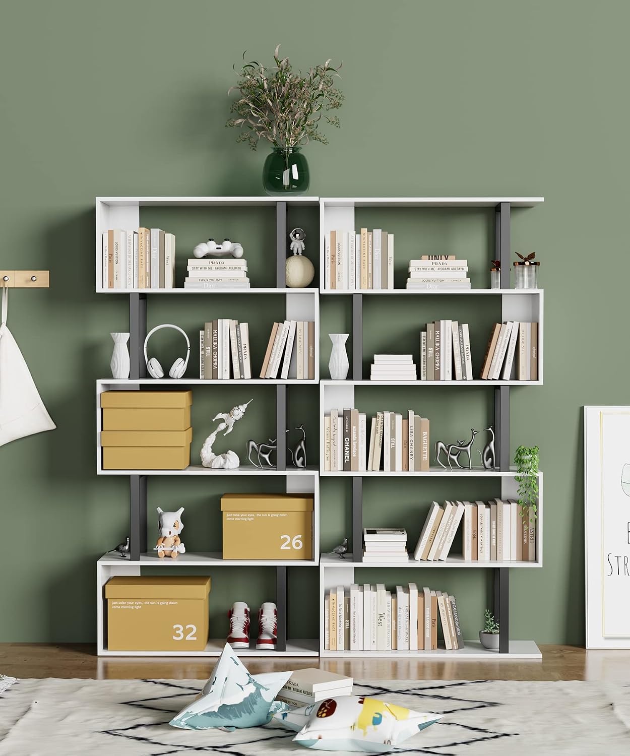 S-Shaped Geometric Bookcase, 5 Tier - Freestanding, White