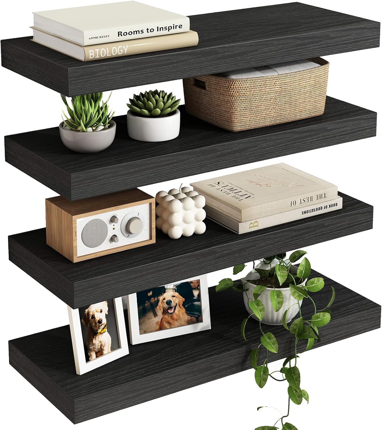 MDF Wall Shelves with Metal Brackets, 15.7 in - Set of 4, Black