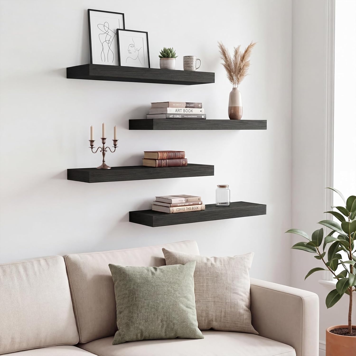 MDF Wall Shelves with Metal Brackets, 15.7 in - Set of 4, Black
