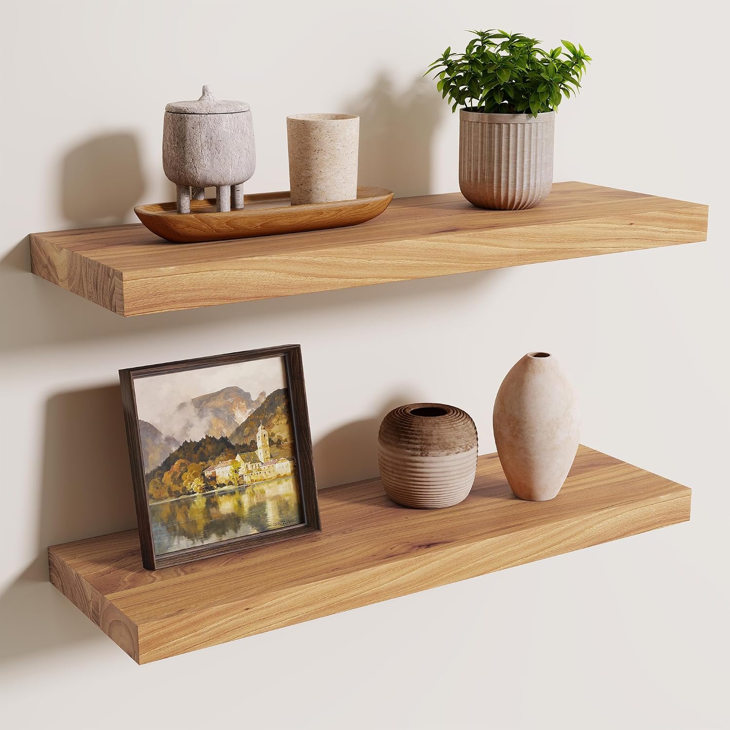 Reclaimed Elm Wood Floating Shelves, 24 x 8 in - 2 Pack, Natural