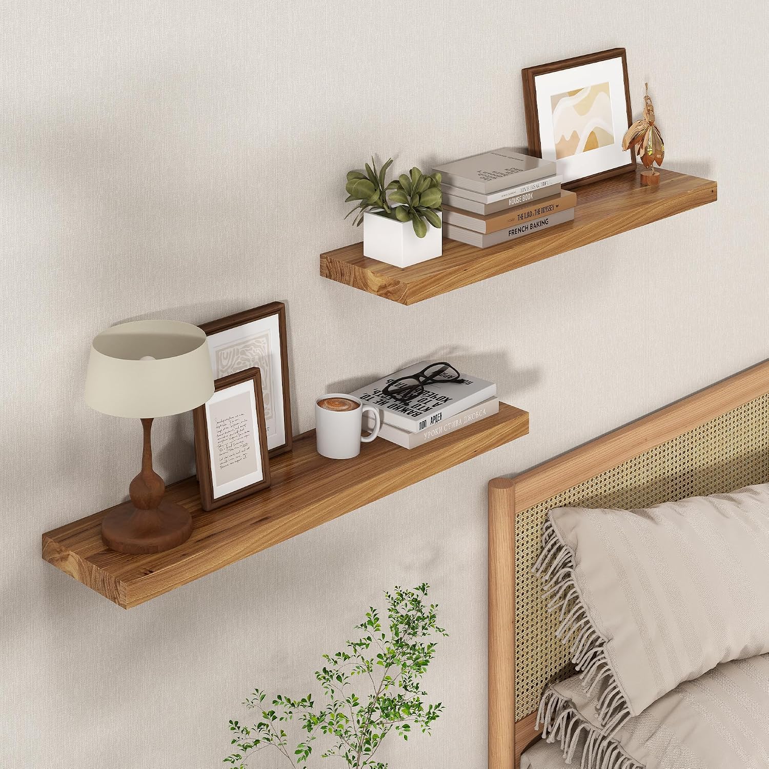 Reclaimed Elm Wood Floating Shelves, 24 x 8 in - 2 Pack, Natural