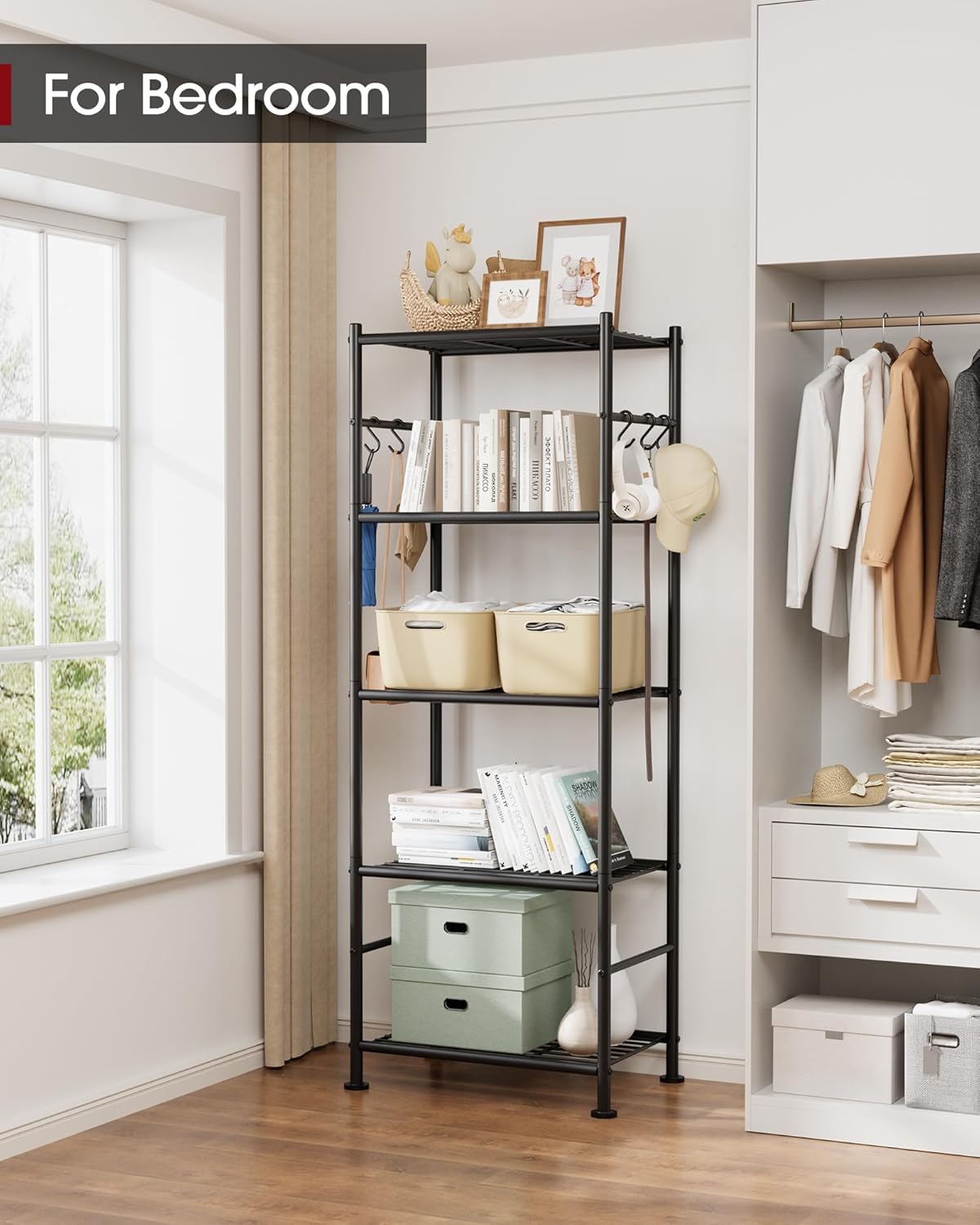 5-Tier Storage Rack with Hooks, 18.1 x 12.4 x 56.8 in - Black