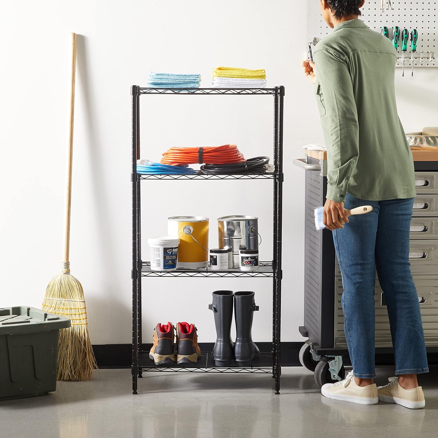 4-Shelf Steel Wire Shelving Unit, 23.2 x 13.4 x 48 in - Black