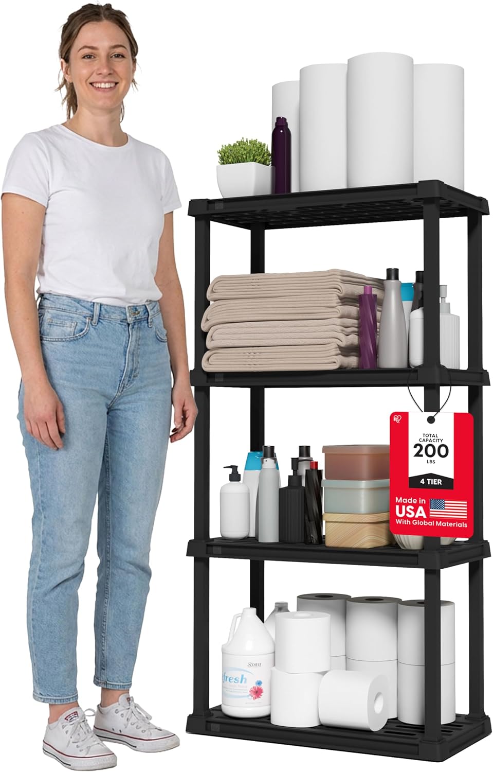 4-Tier Plastic Shelving Unit, 48 x 24 x 12 in - 50 lb Per Shelf, Black