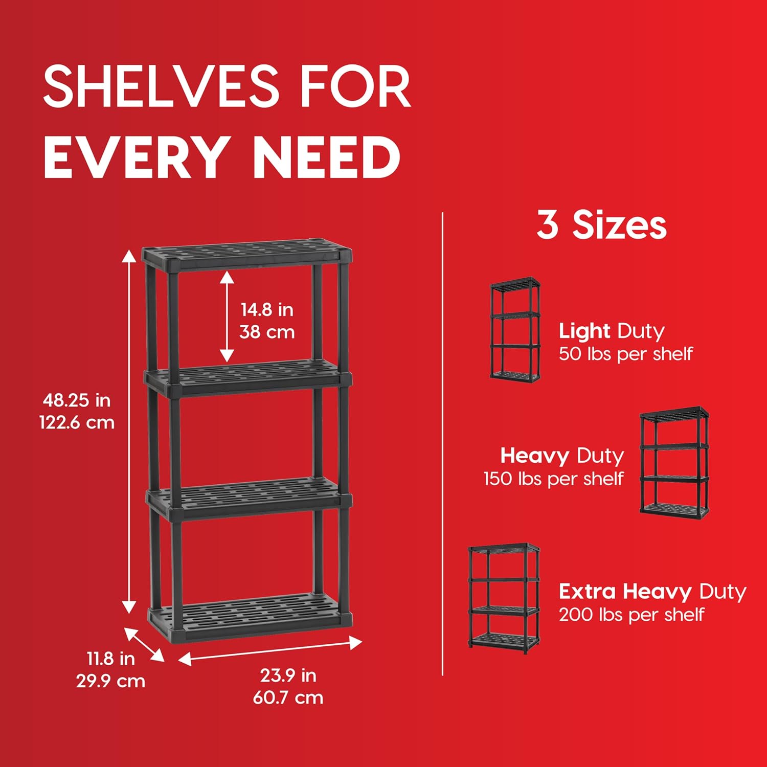 4-Tier Plastic Shelving Unit, 48 x 24 x 12 in - 50 lb Per Shelf, Black