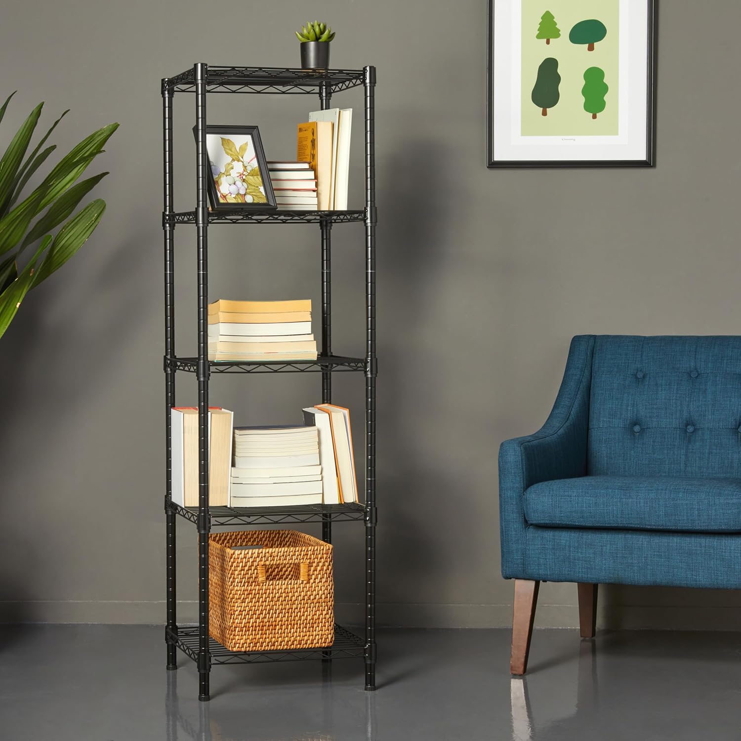 5-Shelf Narrow Storage Tower, 16 x 16 x 54 in - 150 lb Per Shelf, Black