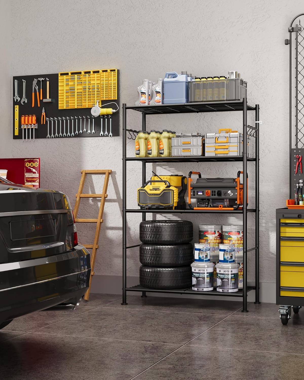 4-Tier Storage Shelf with Hooks, 33.2 x 12.7 x 57.3 in - Black