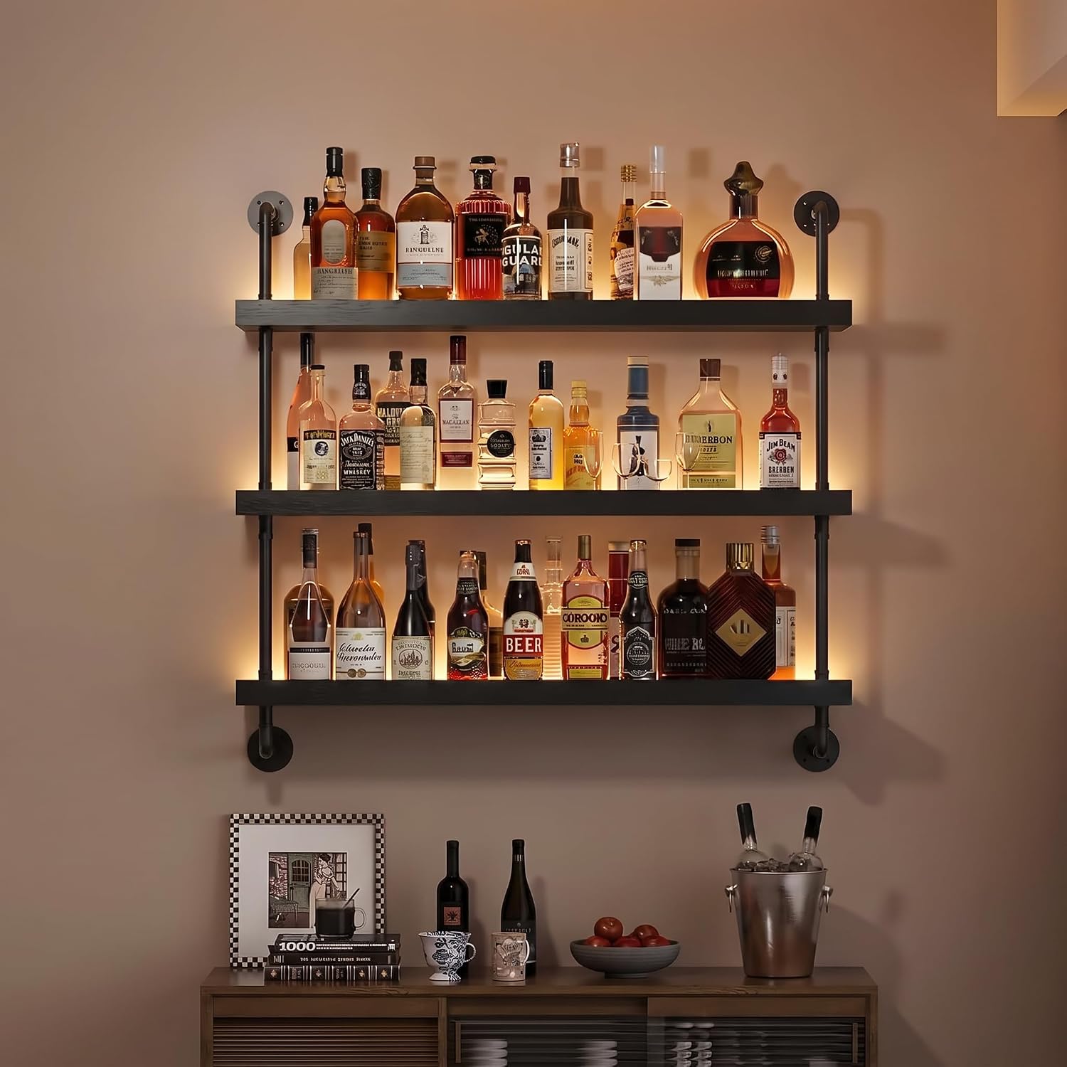 3-Tier Wall-Mounted Wine Rack with LED Lighting, 31.5 in - Black Shelves