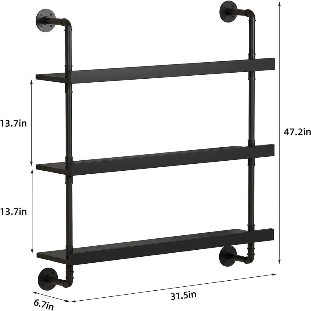 3-Tier Wall-Mounted Wine Rack with LED Lighting, 31.5 in - Black Shelves