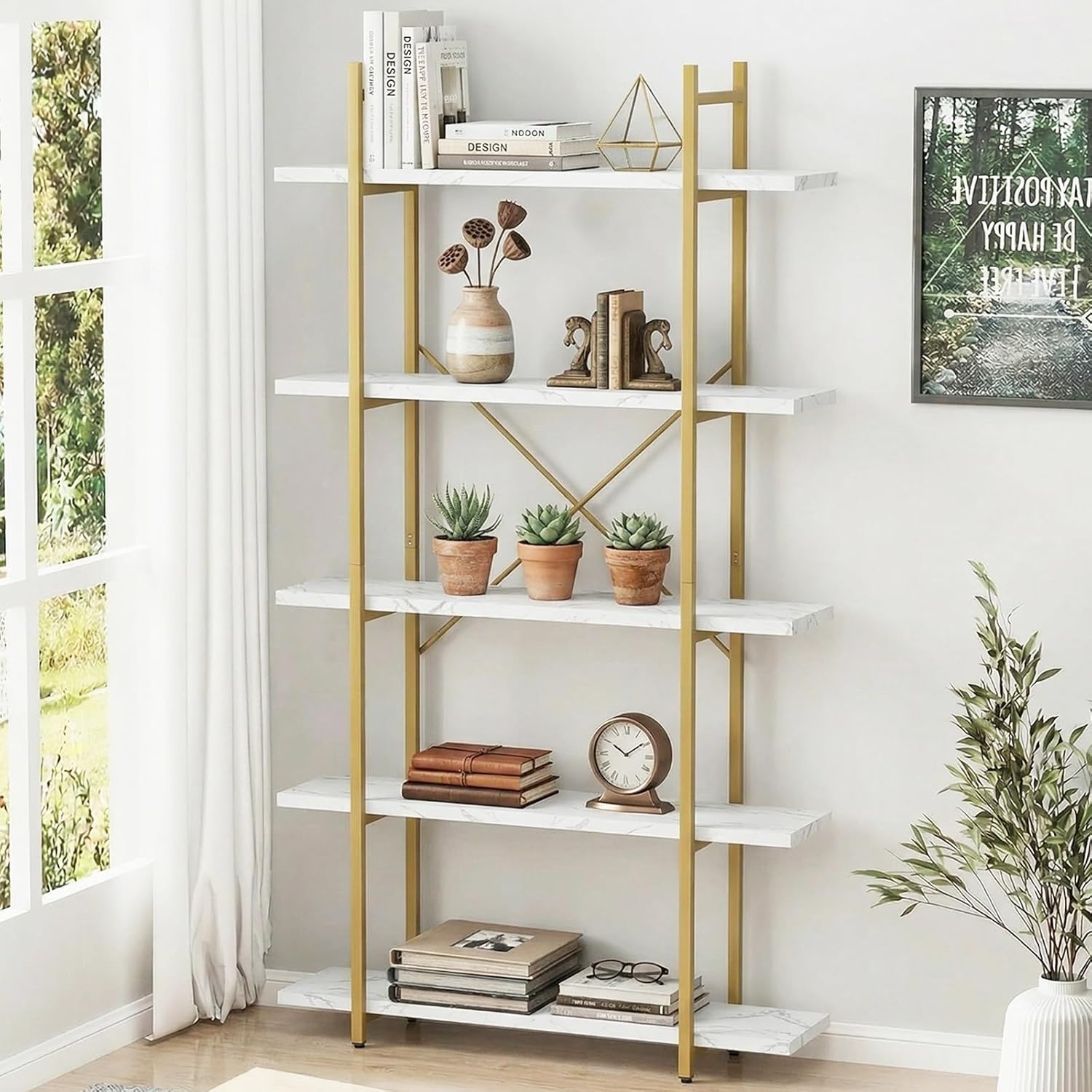 5-Tier Open Bookshelf with Faux Marble Shelves and Metal Frame - White