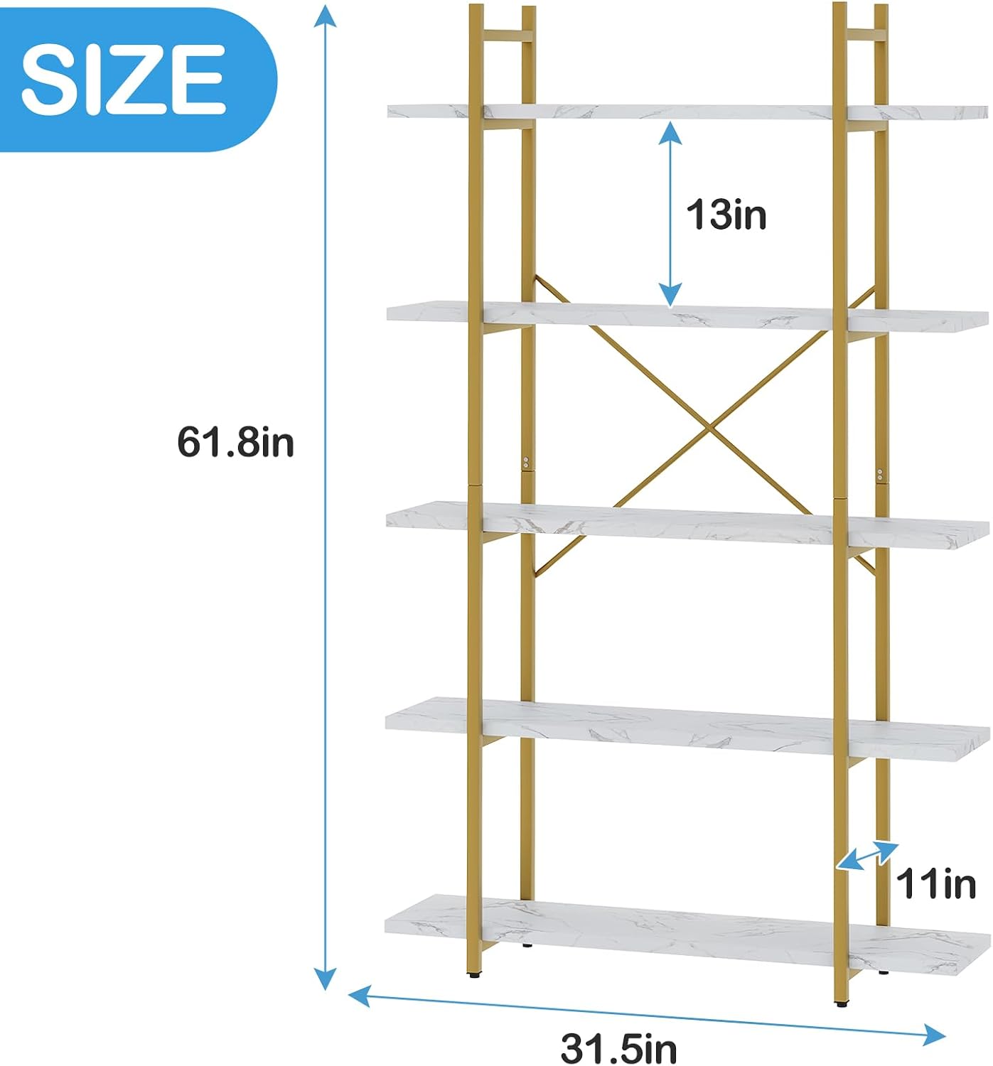 5-Tier Open Bookshelf with Faux Marble Shelves and Metal Frame - White
