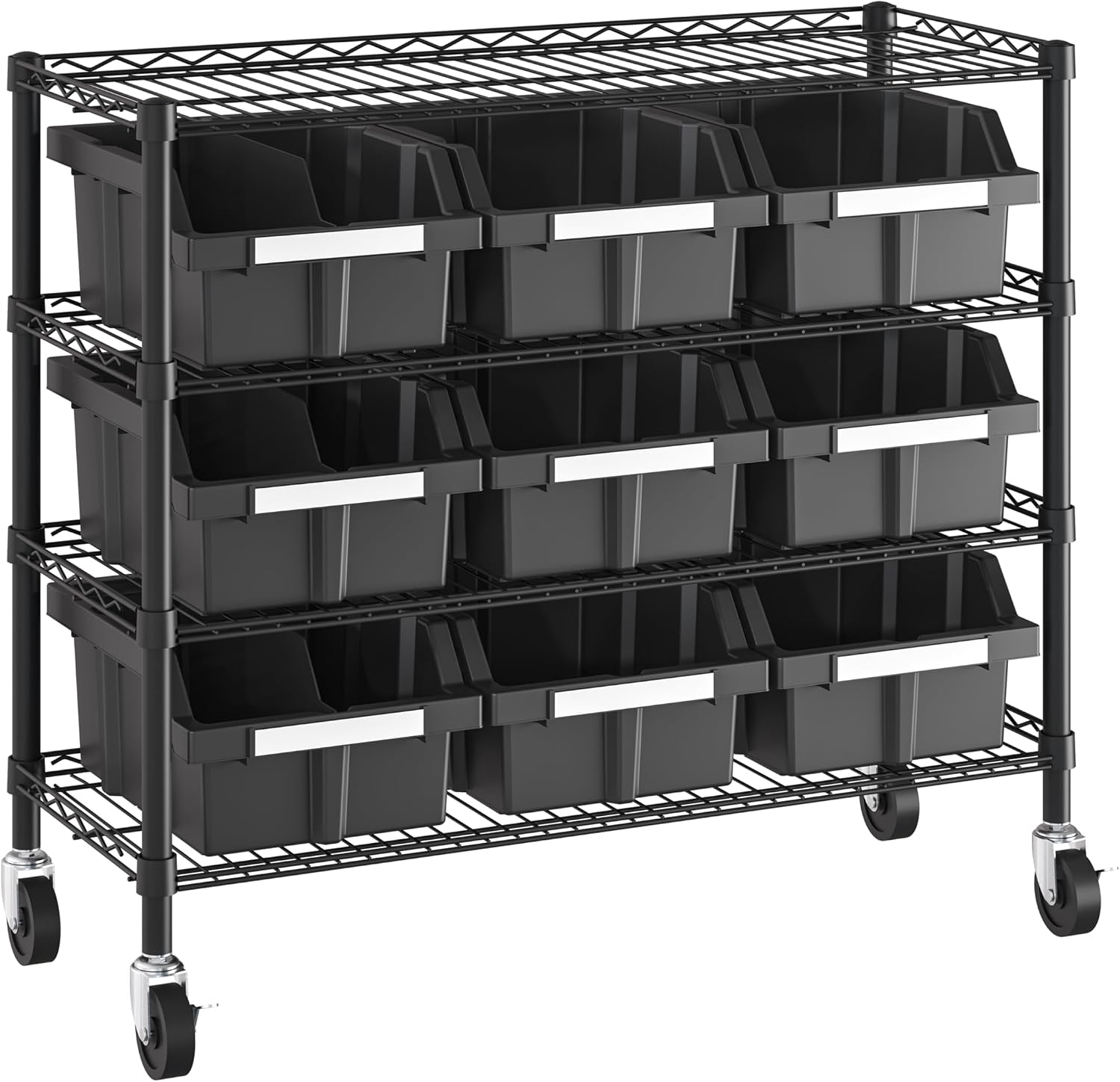 4-Tier Steel Wire Rack with 9 Tilt-Lock Bins, 36 x 14 x 31 in - Graphite