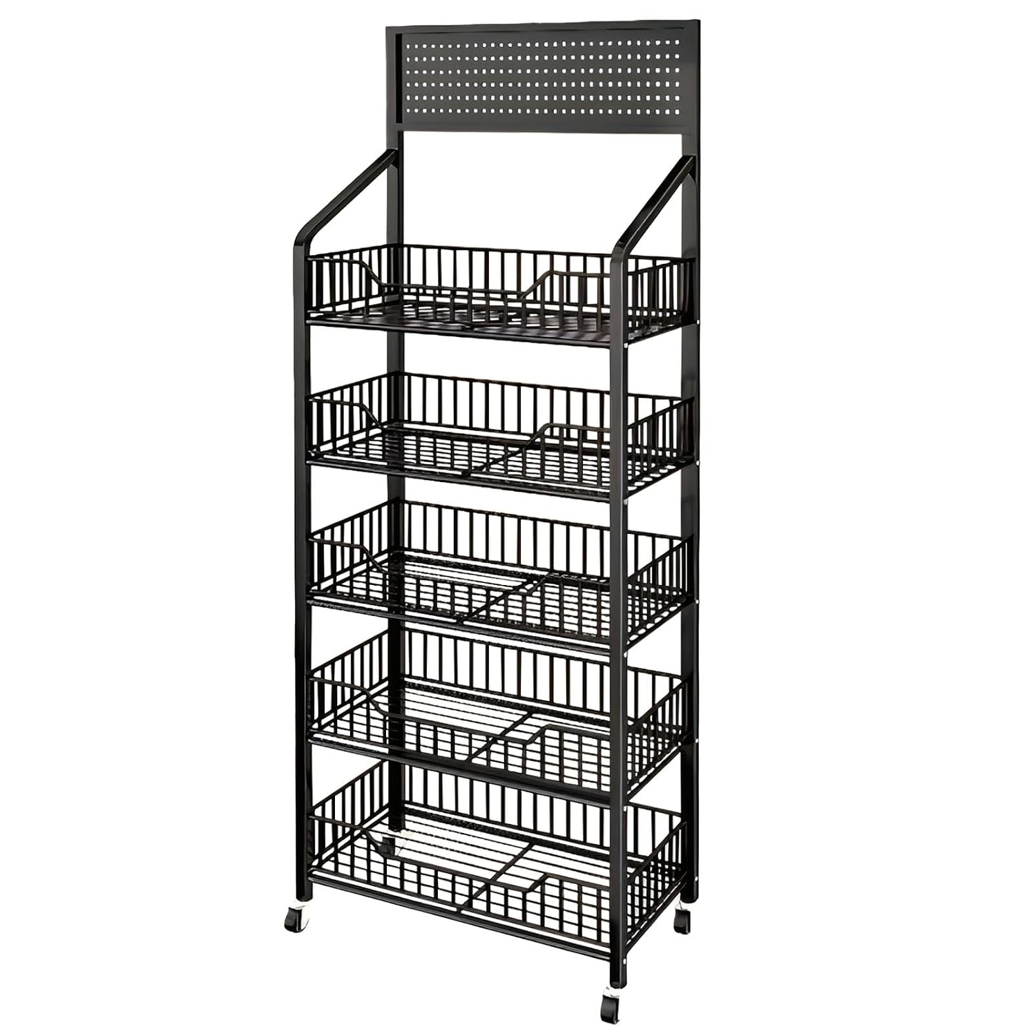 5-Tier Retail Snack Display Stand with 12 Hooks and 4 Wheels - Free Standing, Black