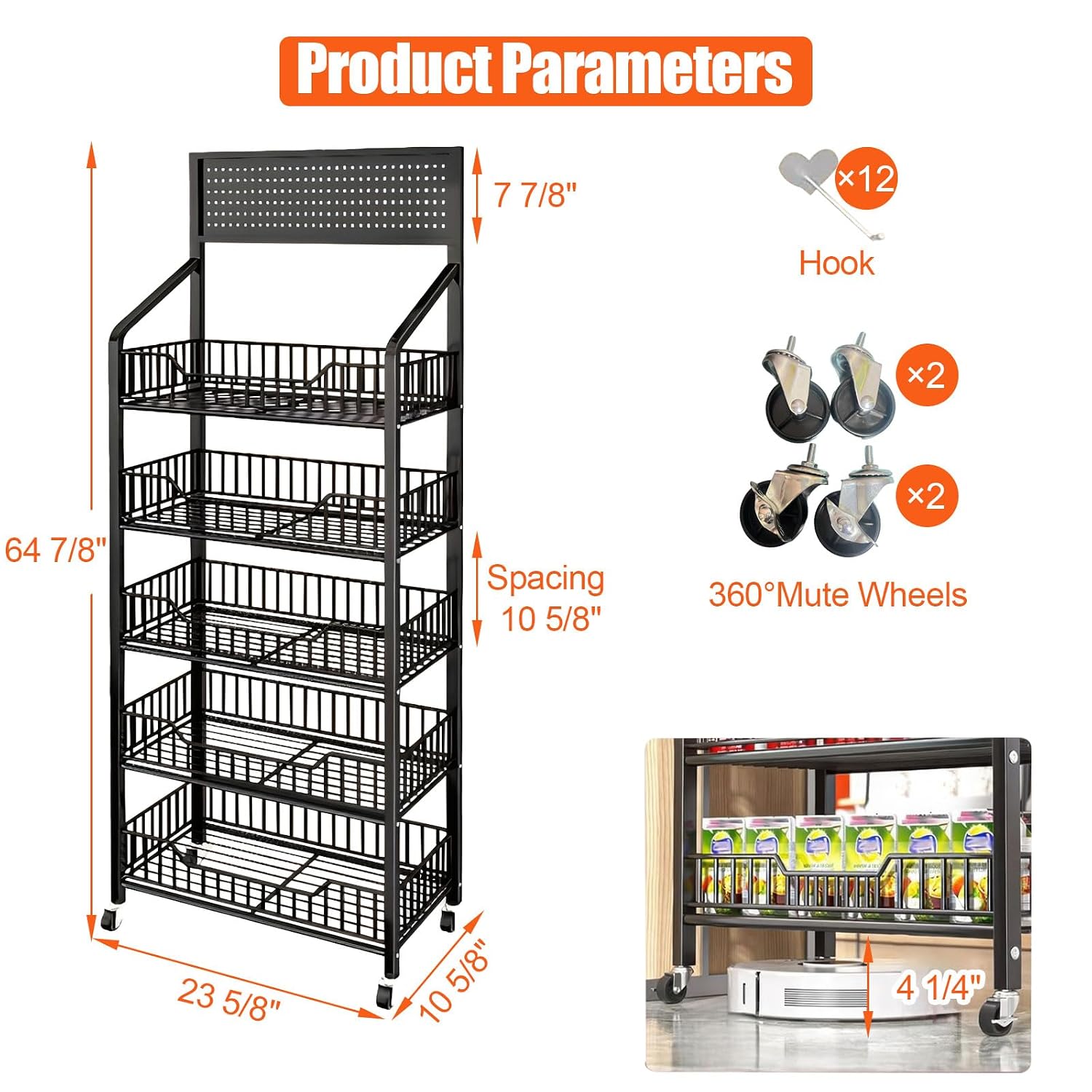 5-Tier Retail Snack Display Stand with 12 Hooks and 4 Wheels - Free Standing, Black