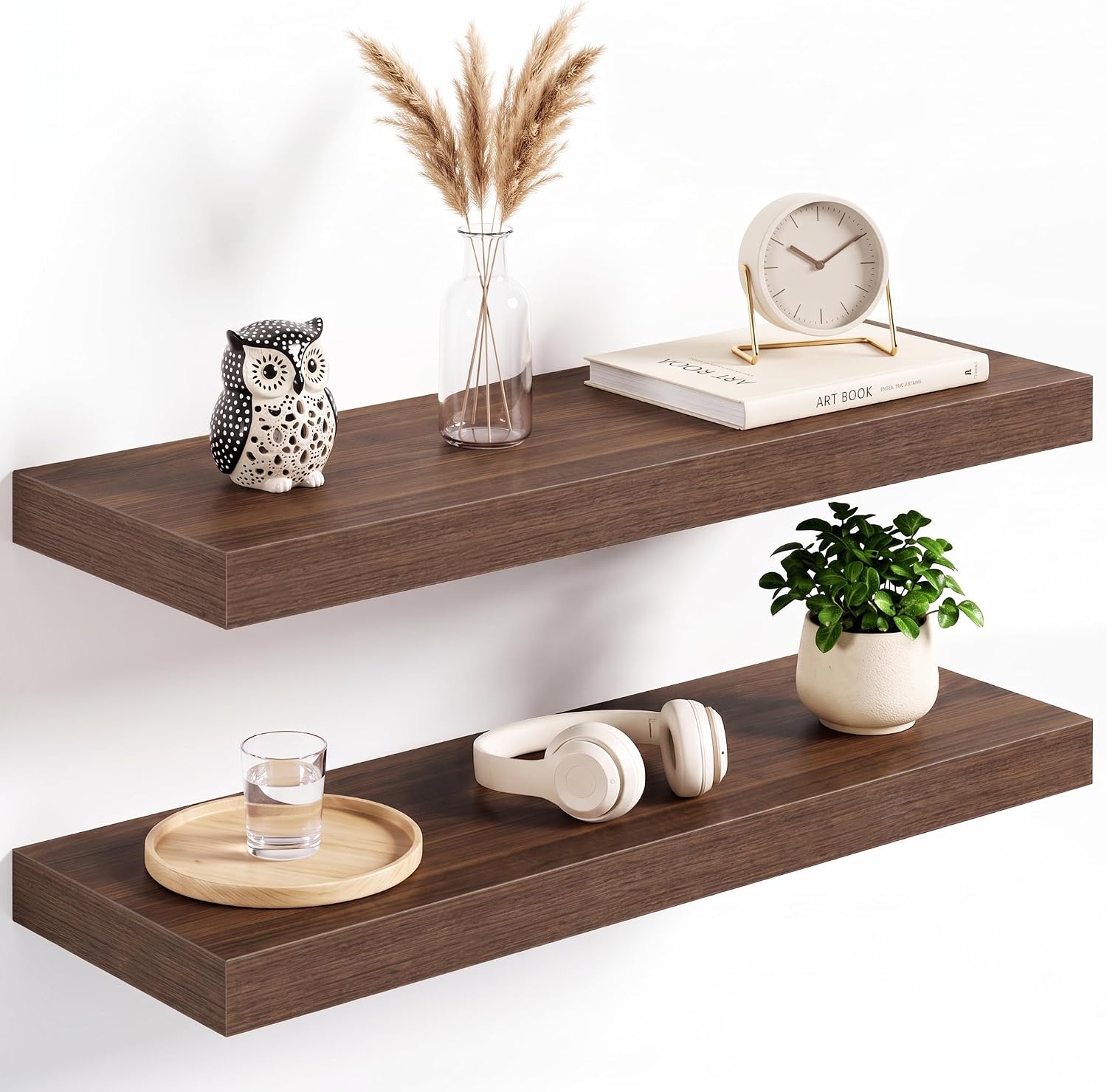 Walnut Floating Shelves, 24 x 8 in - 2 Pack, 22 lb Capacity