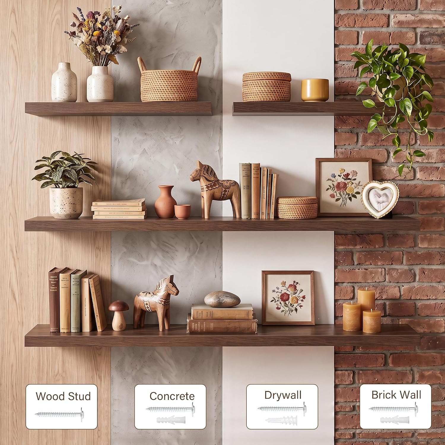 Walnut Floating Shelves, 24 x 8 in - 2 Pack, 22 lb Capacity