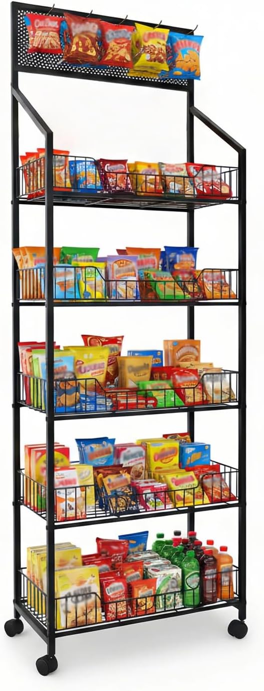 5-Tier Snack Display Stand with Wheels, 12 Hooks and 3.5 in Guard Rails