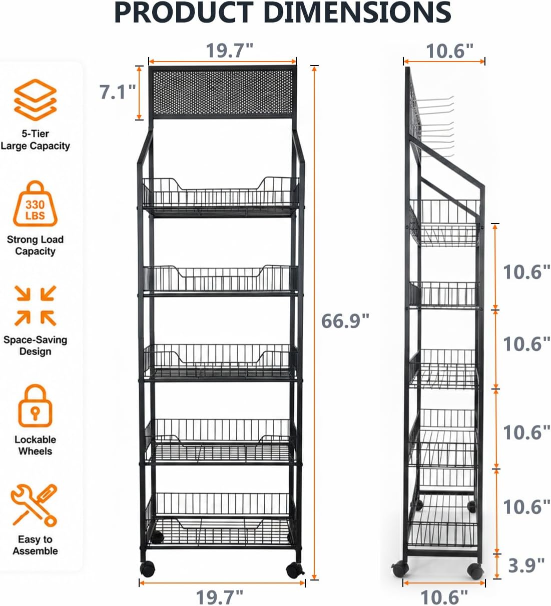 5-Tier Snack Display Stand with Wheels, 12 Hooks and 3.5 in Guard Rails