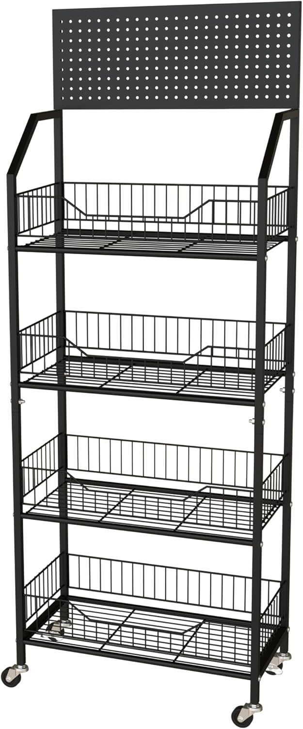4-Tier Retail Snack Rack with Hooks and Wheels - Black