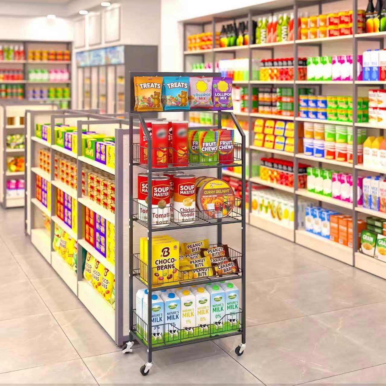 4-Tier Retail Snack Rack with Hooks and Wheels - Black