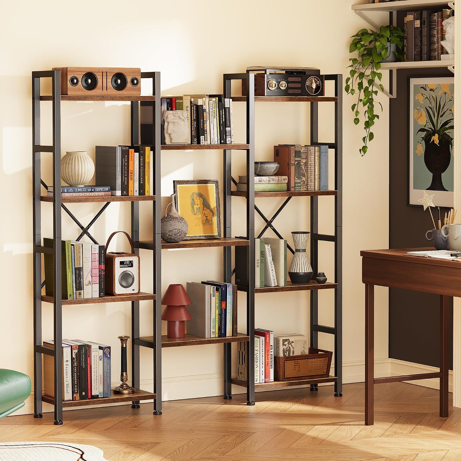 4-Tier Bookshelf, 55 in Tall with 11 Open Shelves - Splits into 2 Units, Rustic Brown