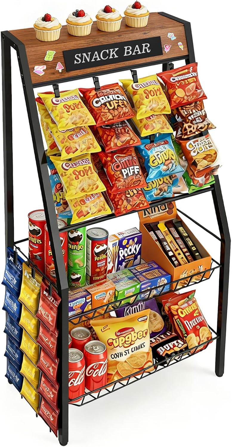 4-Tier Snack Rack with 7 Hanger Strips, 34 Clips and Basket - Wooden Top Shelf