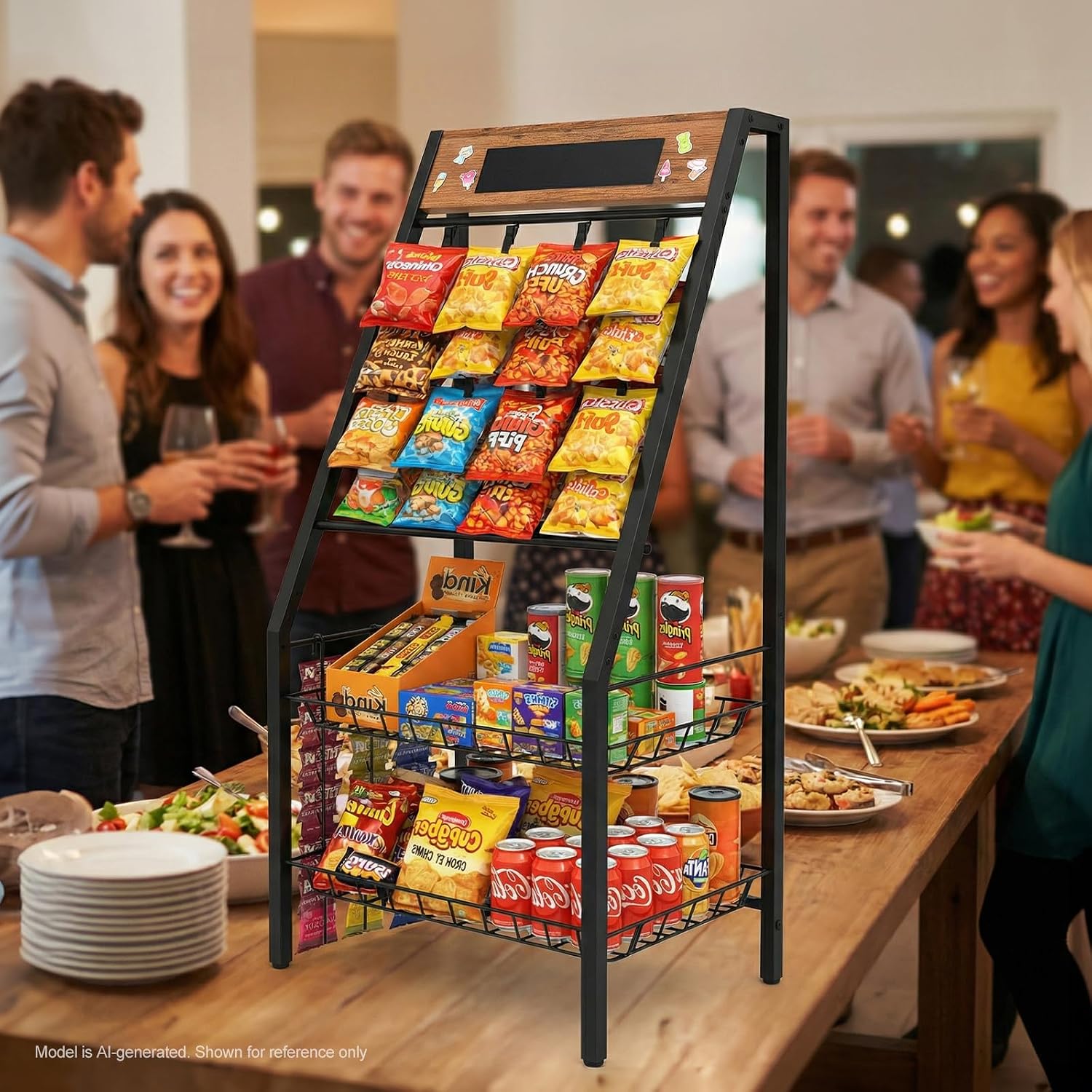 4-Tier Snack Rack with 7 Hanger Strips, 34 Clips and Basket - Wooden Top Shelf