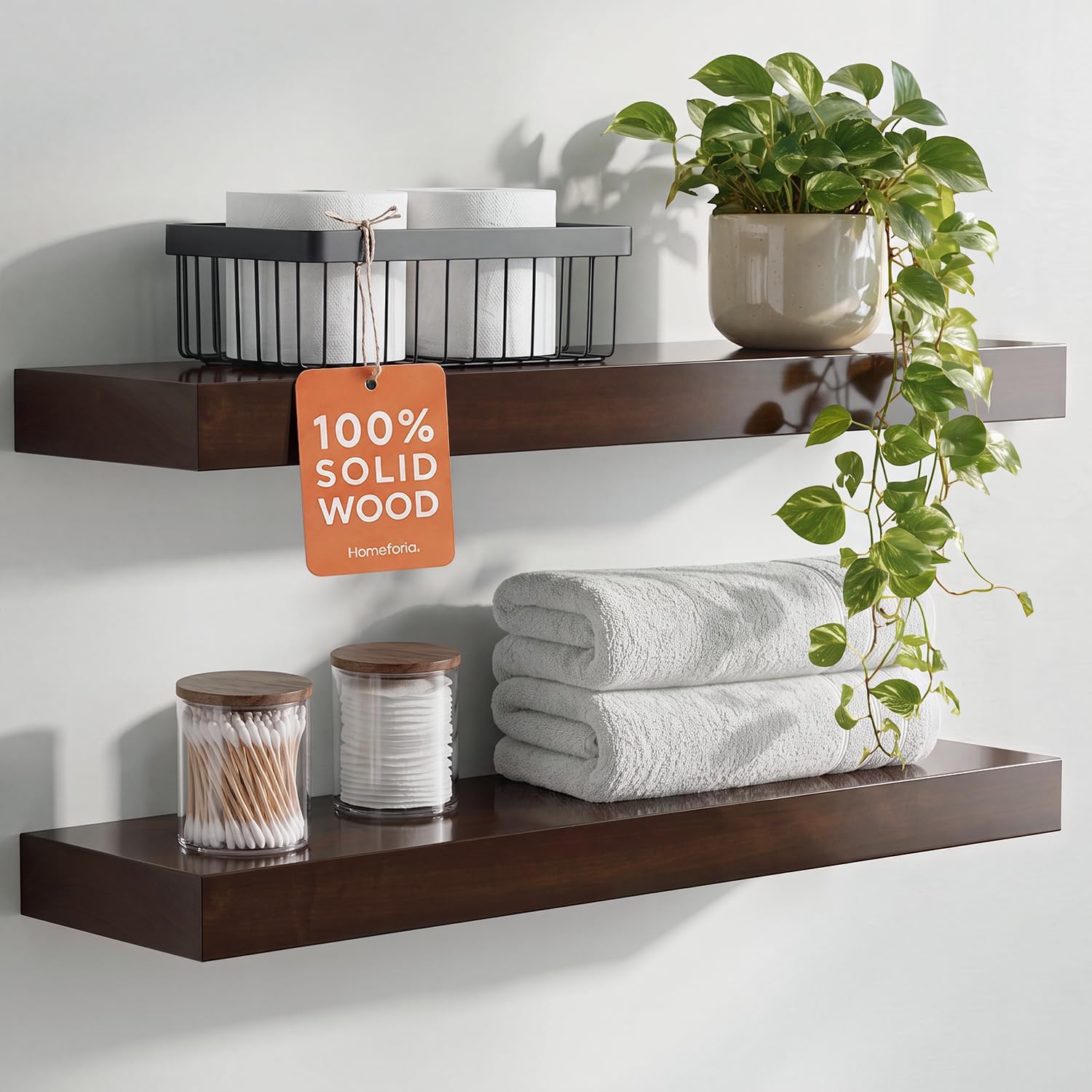 Solid Pine Floating Shelves, 24 x 6.5 x 1.75 in - Set of 2, American Walnut Finish