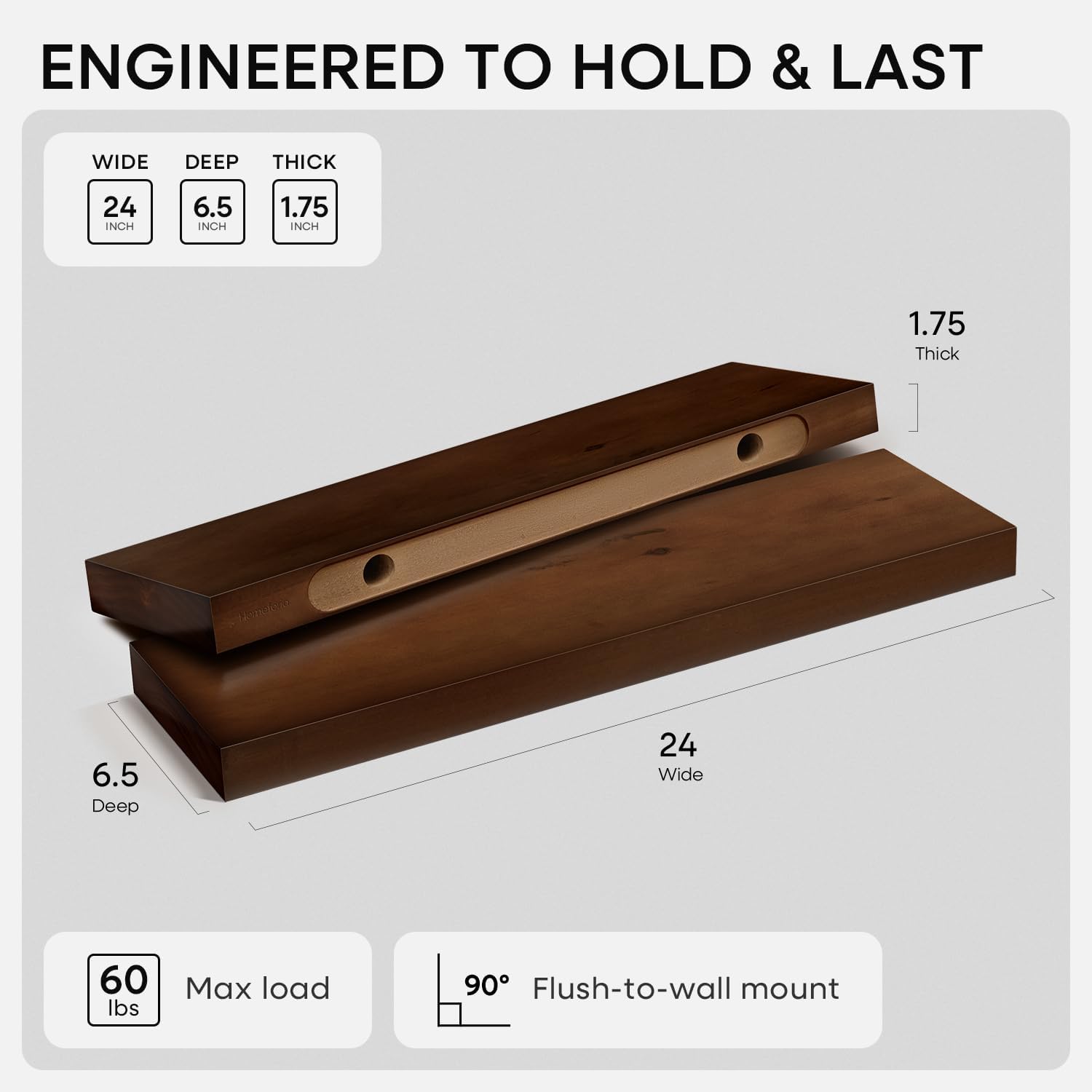 Solid Pine Floating Shelves, 24 x 6.5 x 1.75 in - Set of 2, American Walnut Finish