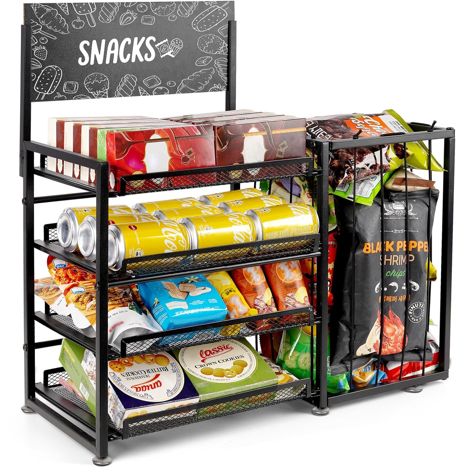 4-Tier Snack Organiser with Pull-Out Shelf - Countertop Display, Black