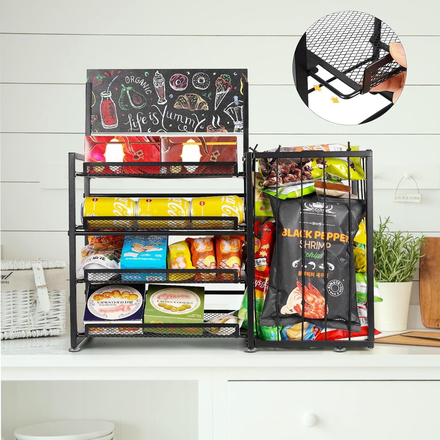 4-Tier Snack Organiser with Pull-Out Shelf - Countertop Display, Black
