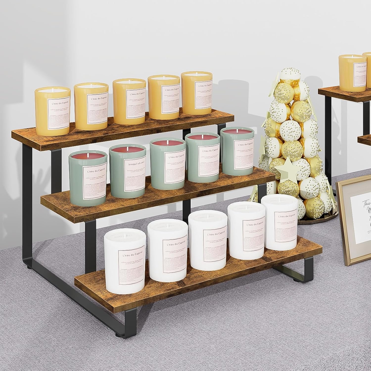 3-Tier Wooden Display Riser, Straight Step - Portable Counter Stand