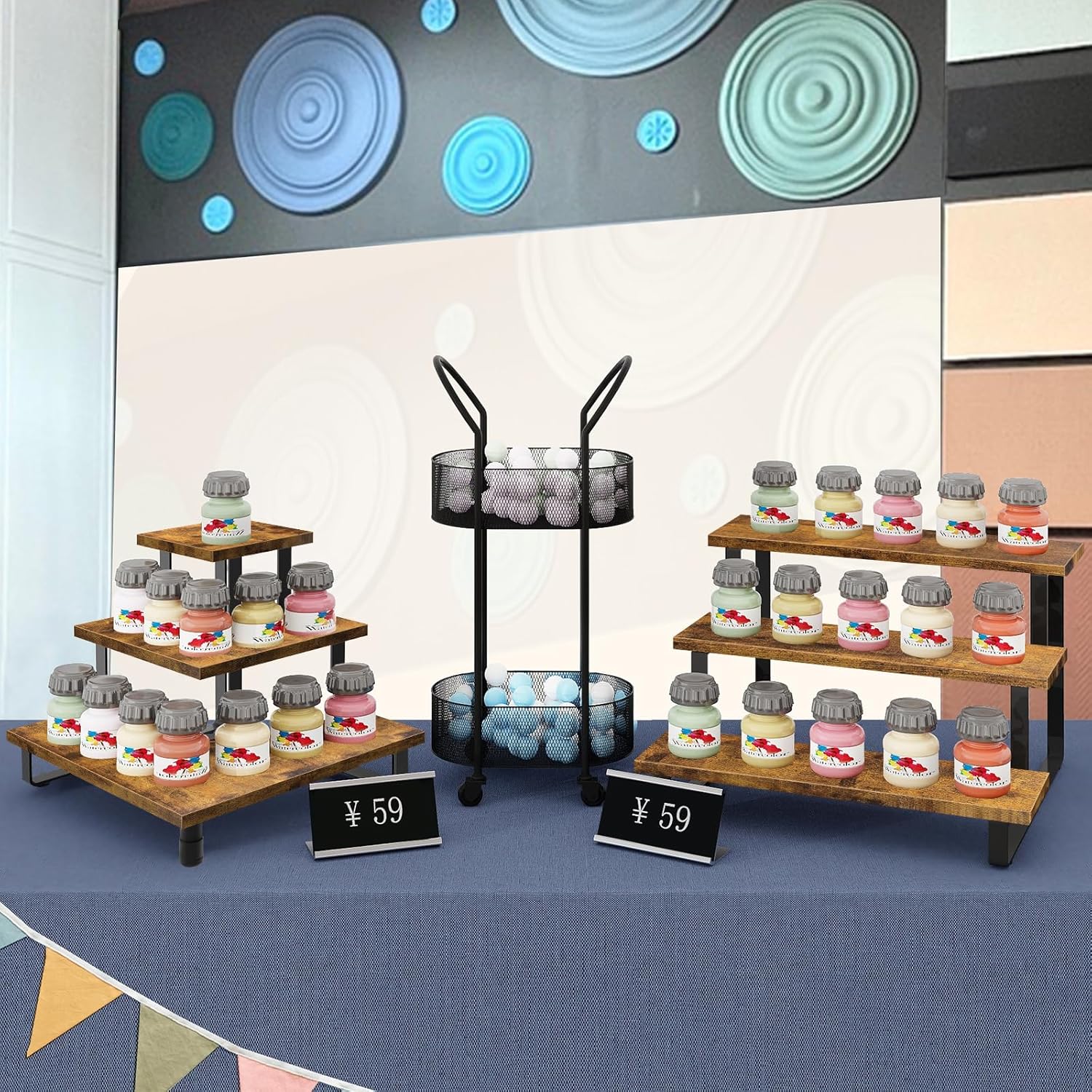 3-Tier Corner Tiered Display Tower, Wooden - Portable Retail Stand