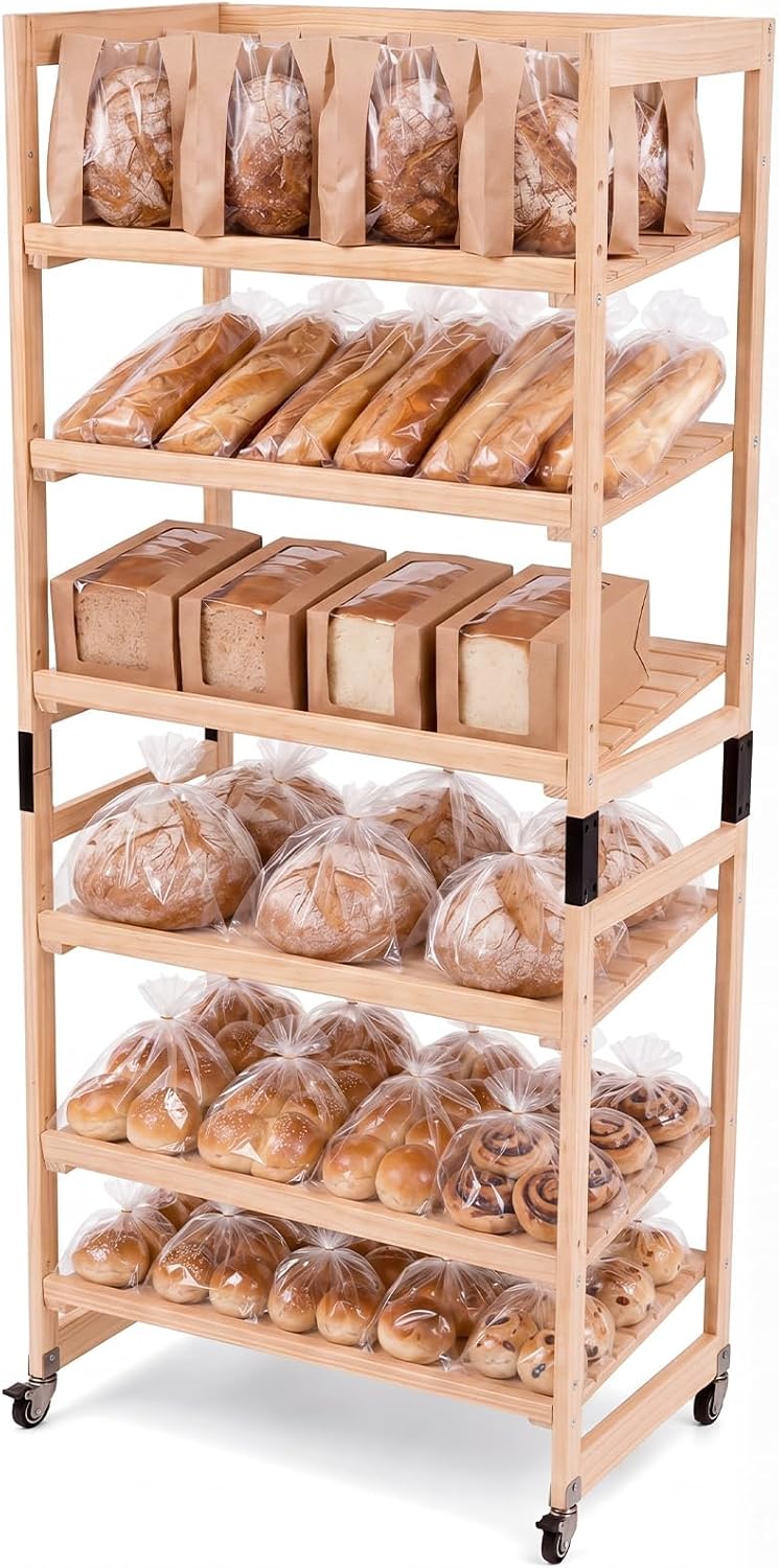 6-Tier Wooden Bakery Display Rack with Angled Shelf, 29.8 x 18 x 70.9 in