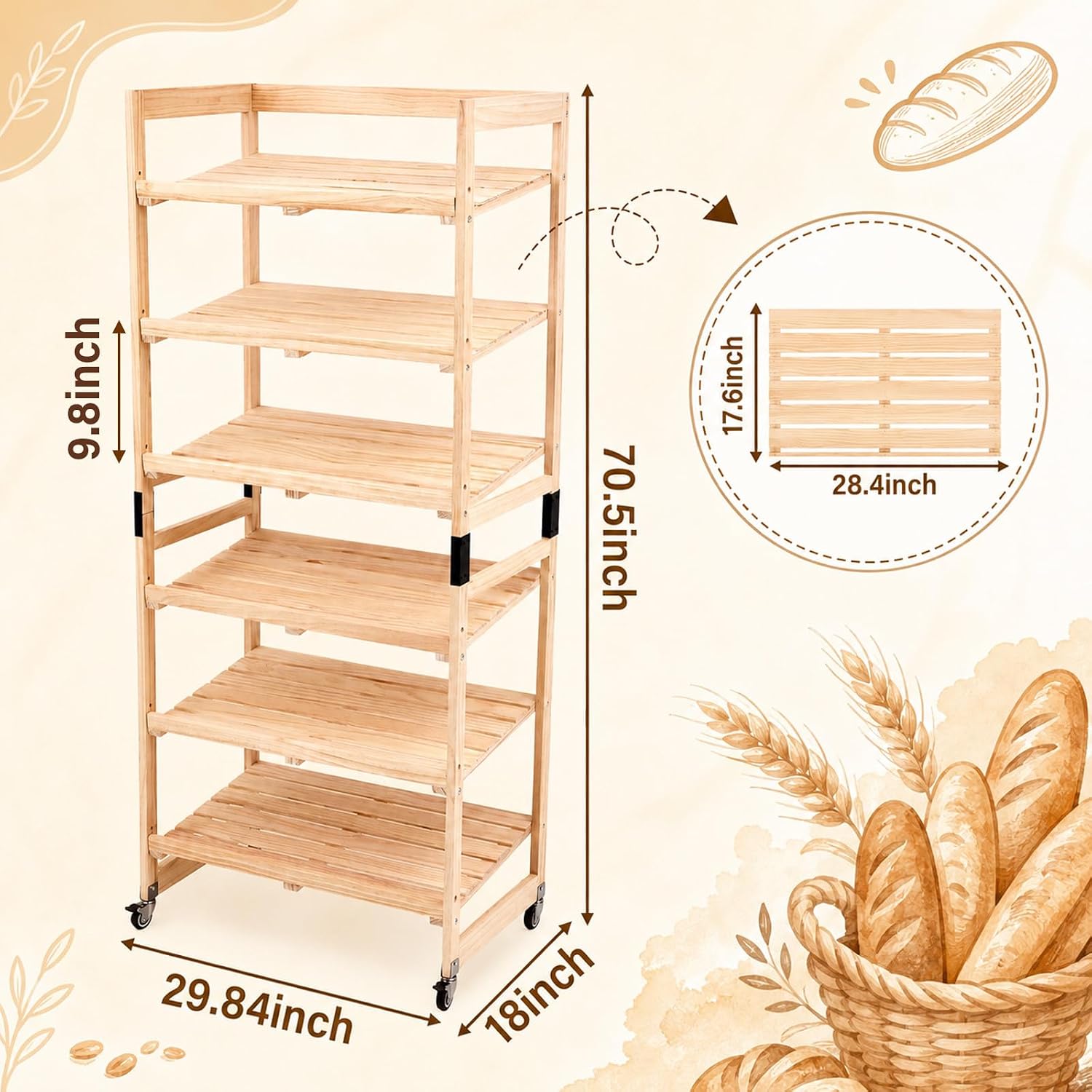 6-Tier Wooden Bakery Display Rack with Angled Shelf, 29.8 x 18 x 70.9 in