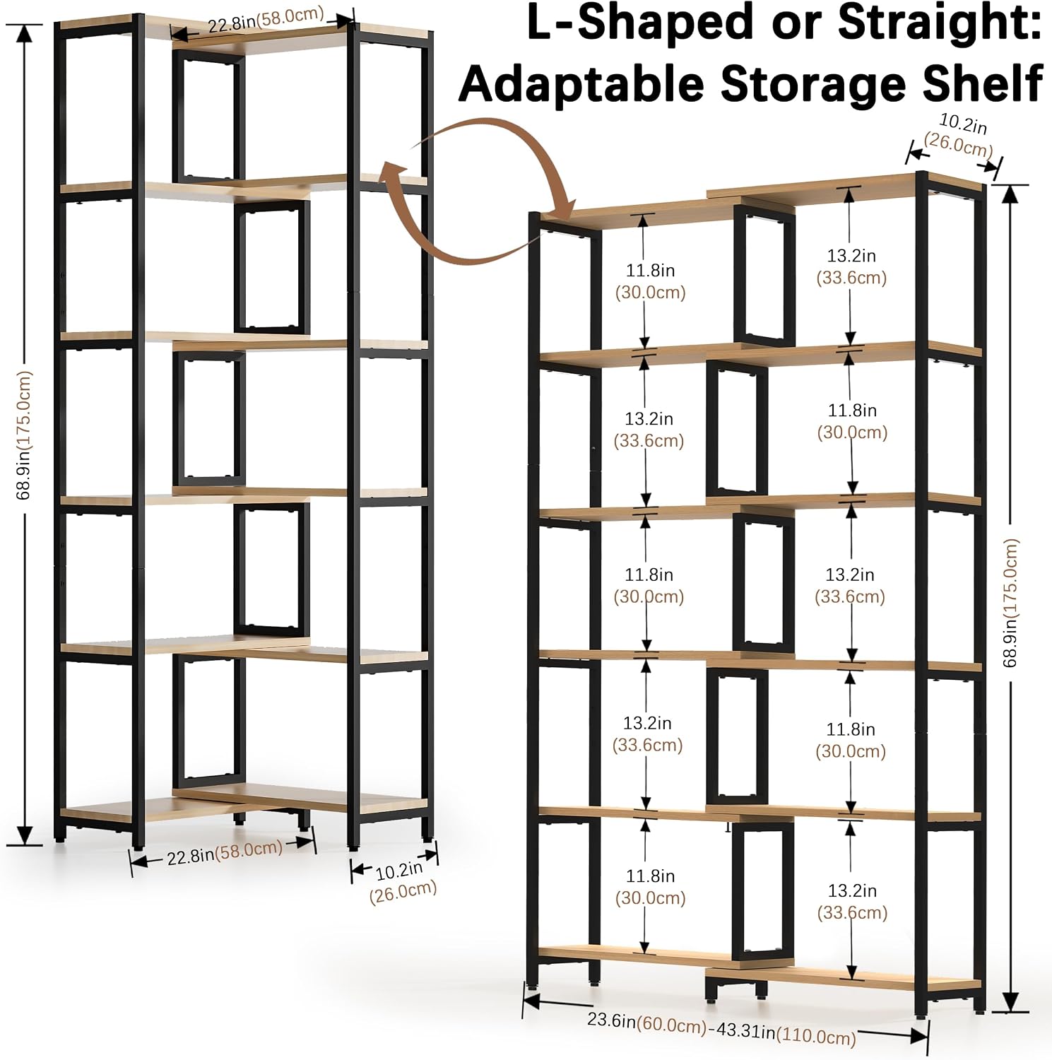 6-Tier Deformable L-Shaped Corner Bookcase - Metal Frame, Light Natural Wood