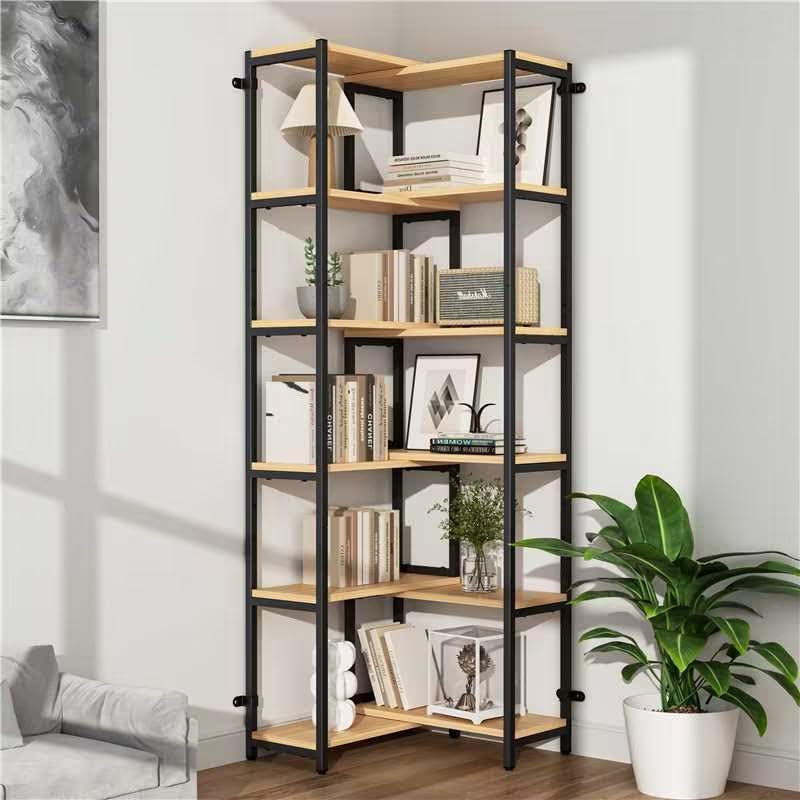 6-Tier Deformable L-Shaped Corner Bookcase - Metal Frame, Light Natural Wood