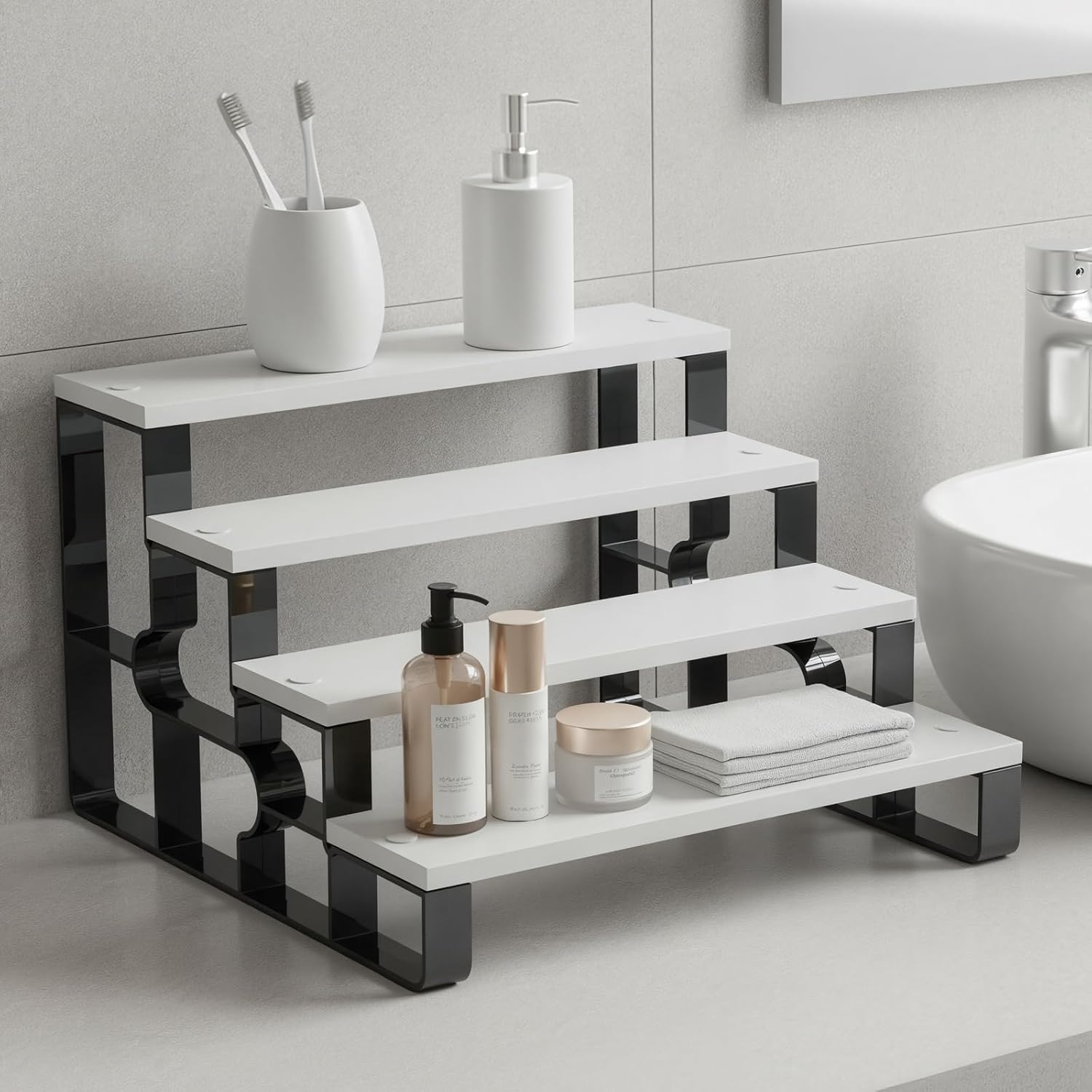4-Tier Wooden Perfume and Makeup Display Shelf, 11.2 in Wide - White