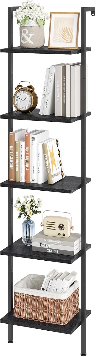 5-Tier Leaning Ladder Bookshelf with Metal Frame - 22 lb Per Shelf, Black