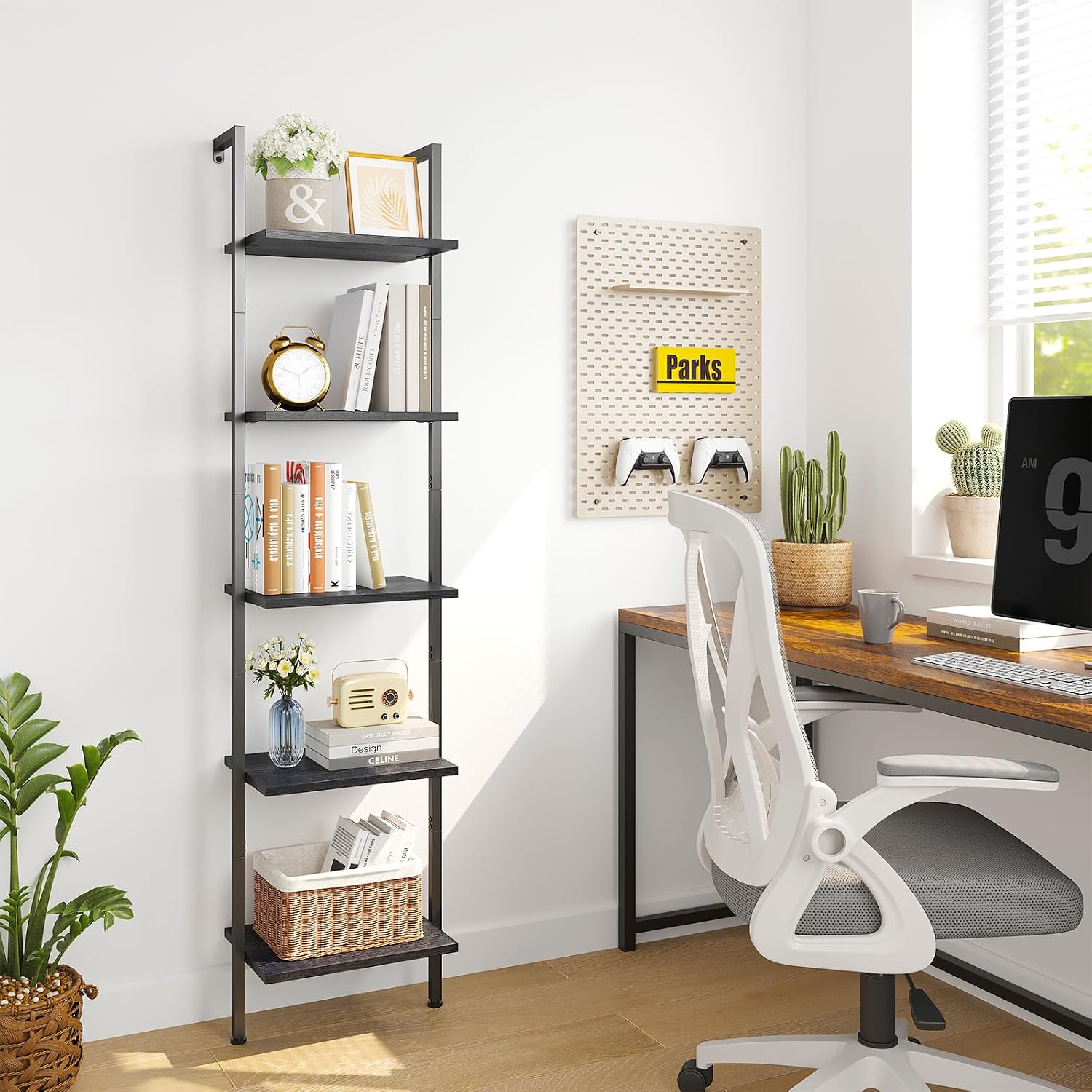 5-Tier Leaning Ladder Bookshelf with Metal Frame - 22 lb Per Shelf, Black