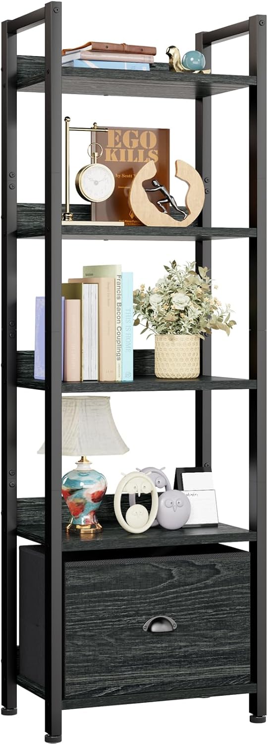 5-Tier Narrow Bookshelf with Drawer, Industrial Wood and Metal - Black