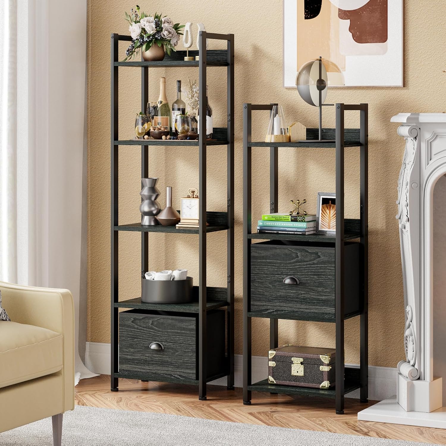 5-Tier Narrow Bookshelf with Drawer, Industrial Wood and Metal - Black